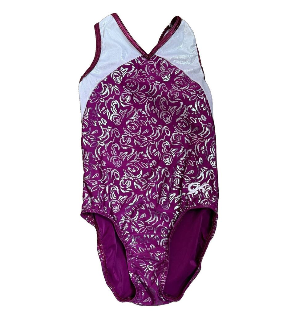 GK Elite Purple and Silver Floral Sleeveless Gymnastics Leotard Child Large CL
